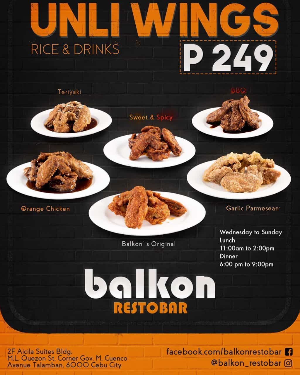 UNLI Wings, Rice & Drinks for ₱249 at Balkon Restobar in Talamban